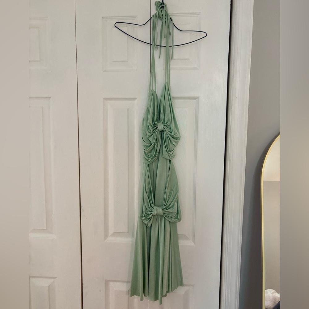 Elegant Mint Green Bow Ruched Halter Maxi Dress